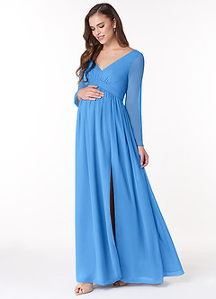 Azazie Teton Zwangerschaps Bruidsmeisjekleding A-Lijn Lange mouw Chiffon Vloerlengte Jurk image3