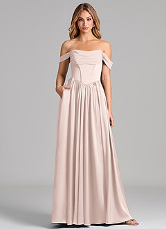 Azazie Raisa Bridesmaid Dresses Blushing Pink A-Line Off the Shoulder Stretch Satin Dress image1