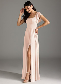 Azazie Bondi Bridesmaid Dresses Blushing Pink A-Line Ruched Mesh Dress image4