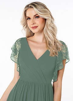 Azazie Zella Bridesmaid Dresses Eucalyptus A-Line Lace Chiffon Dress image5