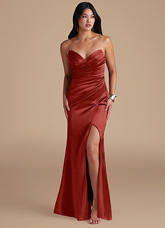 Azazie Yola Bridesmaid Dresses Rust Sheath Pleated Metallic Satin Dress image6