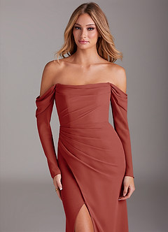 Azazie Hallie Brautjungfernkleider Meerjungfrau-Linie Langarm Chiffon Kleid Terrakotta image5
