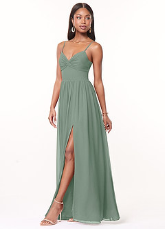 Azazie Zeya Vestidos de damas de honor Vestido de Salvia Plateada de Gasa de Corte en A con Cuello en V plisado image4