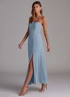 Azazie Wren At-home Try On Dresses Dusty Blue A-Line Strapless Chiffon Dress image3