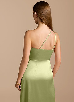 Azazie Trina Bridesmaid Dresses Pistachio A-Line One Shoulder Metallic Satin Dress image2