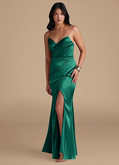 Azazie Yola Bridesmaid Dresses Emerald Sheath Pleated Metallic Satin Dress image5