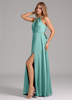 Azazie Evalleen Bridesmaid Dresses Aqua A-Line Pleated Stretch Satin Dress image4