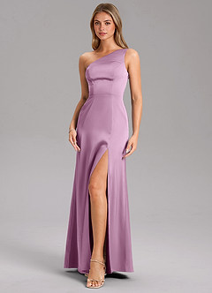 Azazie Phaedra Bridesmaid Dresses Wisteria A-Line One Shoulder Stretch Satin Dress image12