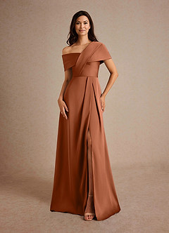 Azazie Milton At-home Try On Dresses Copper A-Line Pleated Stretch Satin Dress image5