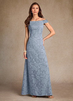 Azazie Moore vestidos de madre de la novia Vestido de Azul Polvoriento de Devorado Floral de Corte En A con Cuello de barco image1