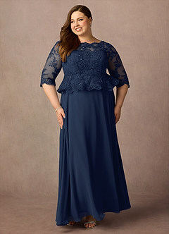 Azazie Averie Mère de la mariée Robes Robe Trapèze en Mousseline de soie Col bateau paillettes Bleu Marine Foncé image9