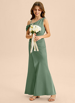 Azazie Madelyn Junior Osłona Zza ramienia Satyna elastyczna Długość podłogi Młodsza druhna Sukienka image5