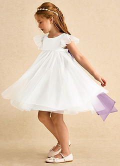 Azazie Munchkin Flower Girl Dresses Ivory Wisteria A-Line Bow Tulle Dress image5