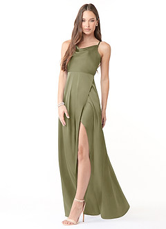 Azazie Naomie Bridesmaid Dresses Pistachio A-Line Cowl Neckline Side Slit Stretch Satin Dress image4