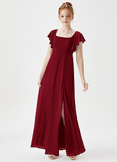 Azazie Bondi Junior Burgundy A-Line Side Slit Mesh Dress image3