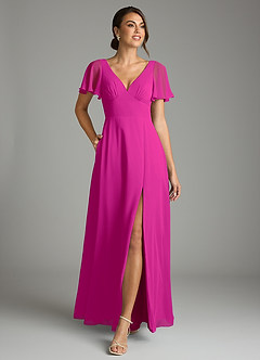Azazie Kimber Bridesmaid Dresses Fuchsia A-Line Flounce Sleeve Chiffon Dress image4