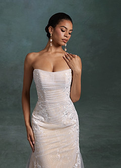Azazie Ella At-home Try On Dresses Diamond White Champagne Mermaid Sweetheart Neckline Tulle Dress image11