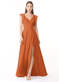 Azazie Yoko Bridesmaid Dresses Cinnamon A-Line Ruched Chiffon Dress image1