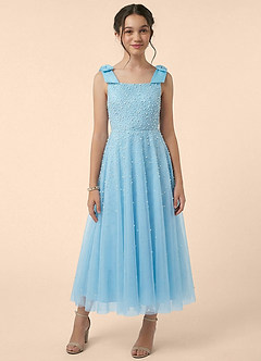 Azazie Maisie Junior Formal Linia A Ukłon Siatka Długość kostki Młodsza druhna Sukienka image1