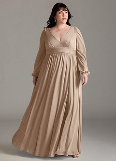 Azazie Norah Brautjungfernkleider A-Linie Lange Ärmel mit V-Ausschnitt Chiffon Kleid Taupe image6