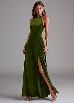 Azazie Clarice Bridesmaid Dresses Olive A-Line Side Slit Velvet Dress image3
