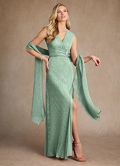Azazie Salem Mother of the Bride Dresses Aquamarine A-Line Pleated Metallic Mesh Dress image4