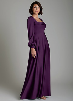 Azazie Solana Bridesmaid Dresses Grape A-Line Long Sleeve Stretch Satin Dress image5