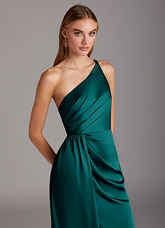 Azazie Mika Bridesmaid Dresses Peacock Sheath One Shoulder Stretch Satin Dress image7