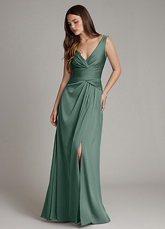 Azazie Pauline Bridesmaid Dresses Eucalyptus A-Line Pleated Stretch Satin Dress image1