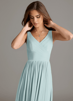 Azazie Keyla At-home Try On Dresses Agave A-Line Pleated Mesh Dress image7