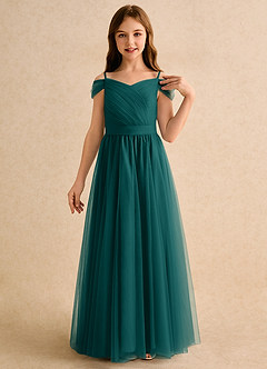 Azazie Yuna Girls Formal Abiti da Ragazza di Fiori Abito A-Line in Tulle Spalle Scoperte Verde Pavone image6