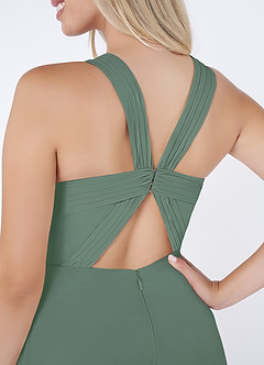 Azazie Jane At-home Try On Dresses Matcha A-Line V-Neck Pleated Chiffon Dress image5