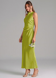 Azazie Evadne Vestidos de damas de honor Vestido de Hierba De Limón de Satén Elástico de Corte Recto con Plisado image1