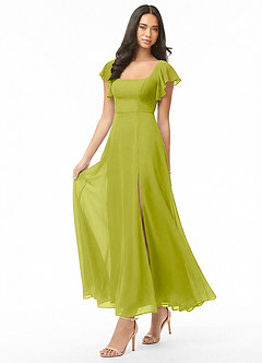 Azazie Bondi Bridesmaid Dresses Lemongrass A-Line Ruched Chiffon Dress image3