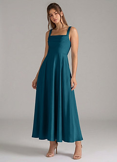 Azazie Shaude Bridesmaid Dresses Ink Blue A-Line Pleated Stretch Satin Dress image4