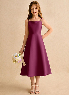 Azazie Jaella Girls Formal Blomsterpigekjoler A-Line Plisseret Mat satin Te-længde Kjole image5