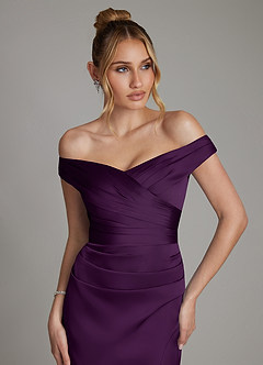 Azazie Teyana Bridesmaid Dresses Grape Sheath Off the Shoulder Stretch Satin Dress image2