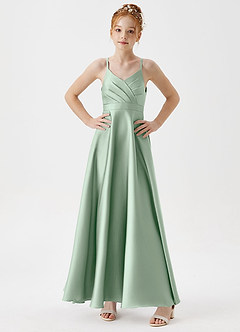 Azazie Avelina Junior A-Linie Plissee Stretch-Satin Kleid Agave image3