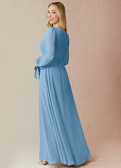 Azazie Leonia Bridesmaid Dresses Steel Blue A-Line Long Sleeve Chiffon Dress image2