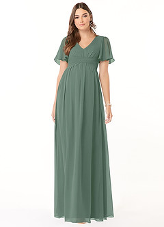 Azazie Verna At-home Try On Dresses A-Line V-Neck Ruched Chiffon Floor-Length Dress image1