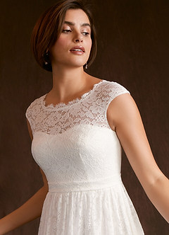 Azazie Ginnie At-home Try On Dresses Diamond White A-Line Lace Dress image6