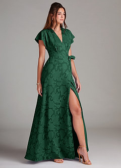 Azazie Ling Bridesmaid Dresses Dark Green A-Line Pleated Floral Burnout Dress image4