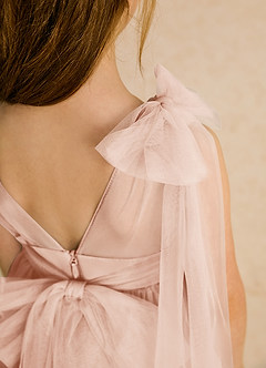 Azazie Dori Robe Demoiselle D'honneur Fillette Robe Trapèze en Tulle Rayé Rose Perle image8