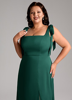 Azazie Frostine Bridesmaid Dresses Emerald A-Line Bow Stretch Satin Dress image12