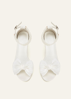 front Satin Bow & Pearl Ankle Strap Block Heel Sandals