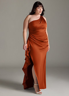 Azazie Latrice Bridesmaid Dresses Burnt Orange Sheath One Shoulder Cascading Ruffles Stretch Satin Dress image9