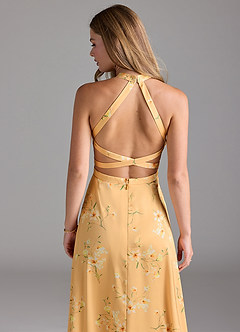 Azazie Clarice Bridesmaid Dresses Golden Blooms A-Line High Neck Stretch Satin Dress image8