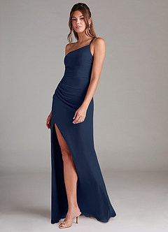 Azazie Eren Robes de demoiselle d'honneur Robe Fourreau en Mousseline de soie Ue épaule Bleu Marine Foncé image5
