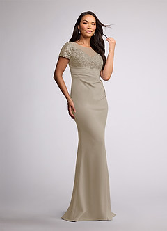 Azazie Susan Mother of the Bride Dresses Taupe Sheath Lace Stretch Crepe Dress image2
