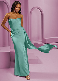 Barbie ♥ Azazie Vestidos de damas de honor Vestido de Aqua de Satén Elástico de Corte Recto Convertible con Sin tirantes image5